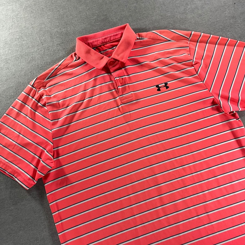 Under Armour Mens HeatGear Golf Polo Shirt Medium Coral Pink Striped 1342082